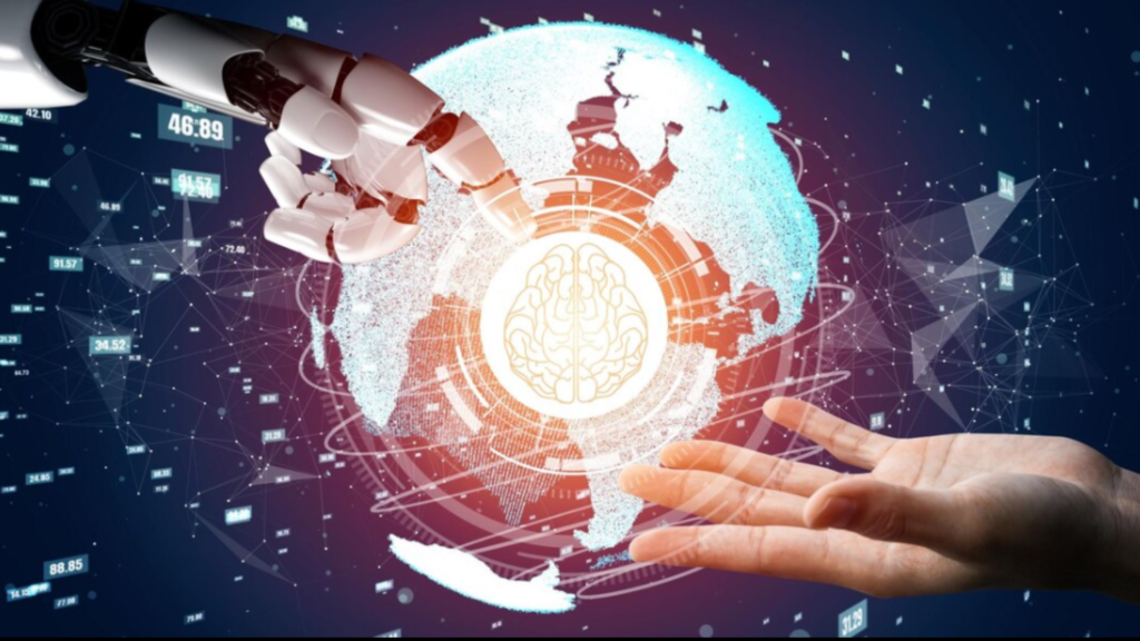A robotic hand and a human hand either side of a globe made of data points